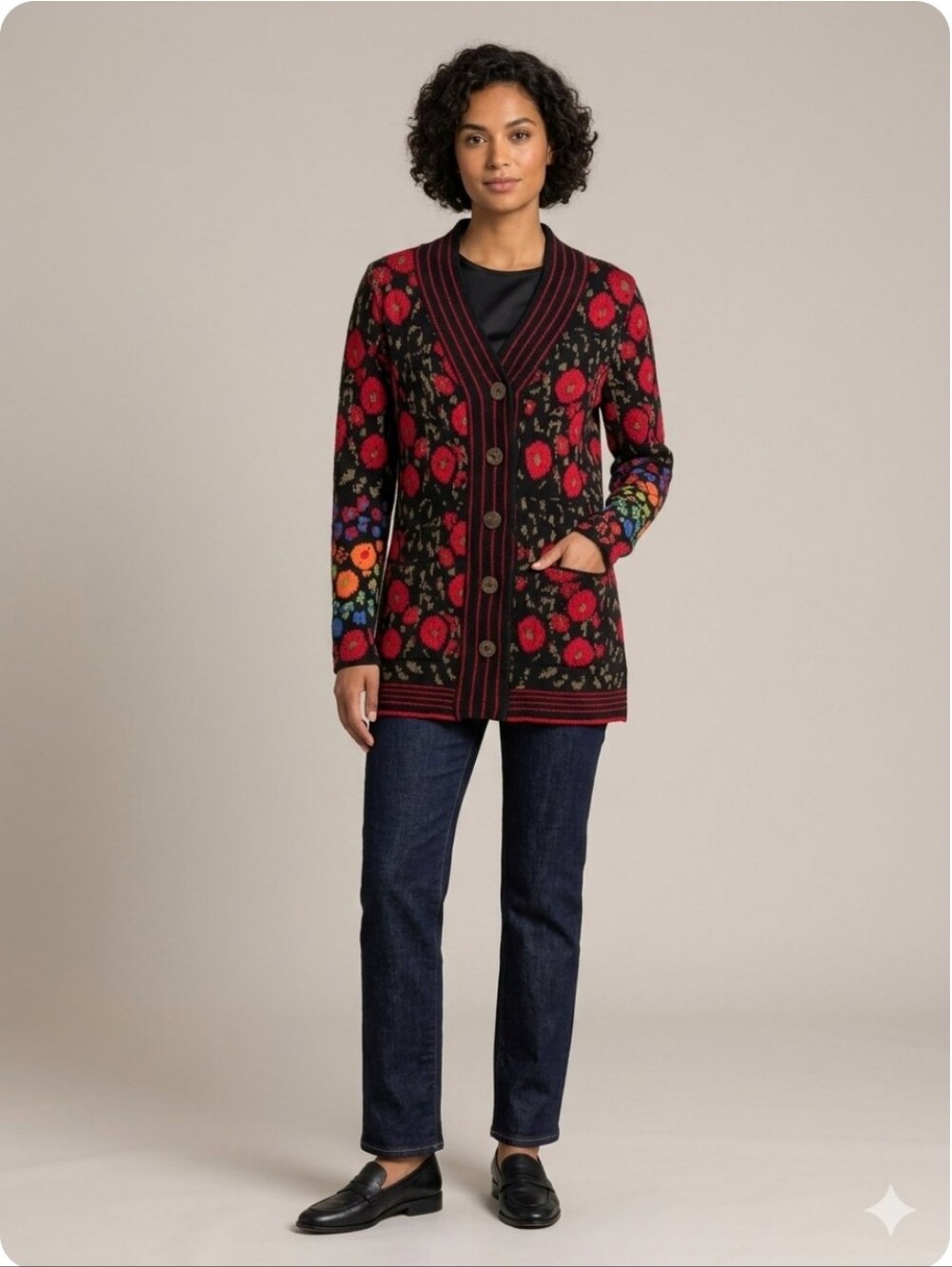 IVKO Red Poppy Intarsia Cardigan, Size M